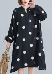 Loose Black Stand Collar Dot Lace Up Chiffon Dresses Spring