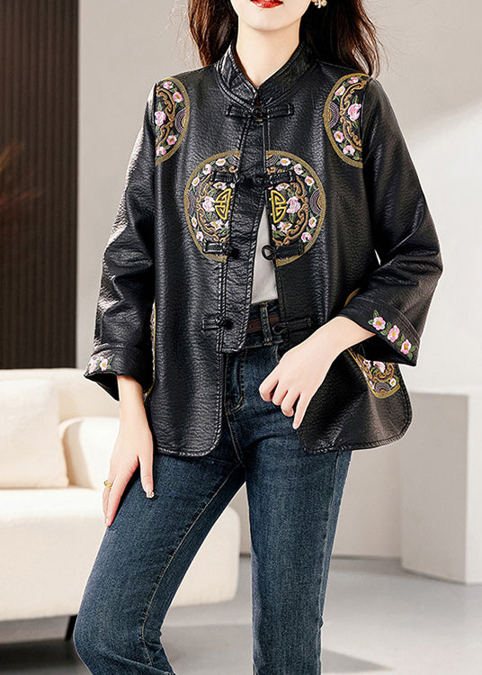 Loose Black Stand Collar Embroidered Chinese Button Faux Leather Jacket Fall