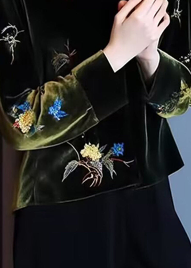 Loose Black Stand Collar Embroidered Patchwork Silk Velour Top Long Sleeve