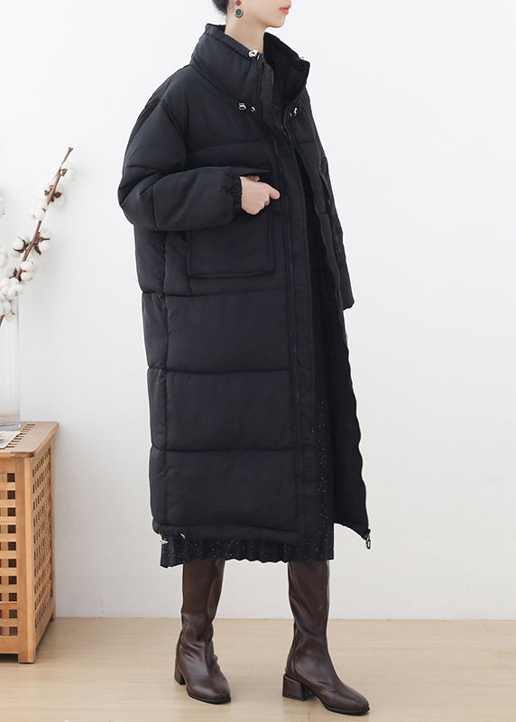 Loose Black Stand Collar Pockets Drawstring Thick Parka Long Sleeve