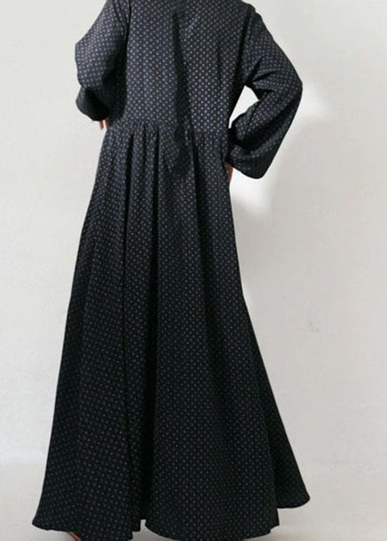 Loose Black Stand Collar Print Exra Large Hem Chiffon Maxi Dress Spring