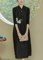 Loose Black Stand Collar Print Pockets Silk Dress Half Sleeve