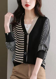 Loose Black Striped Button Patchwork Knit Cardigan Fall