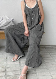 Loose Black Striped Cotton Spaghetti Strap Jumpsuit Summer