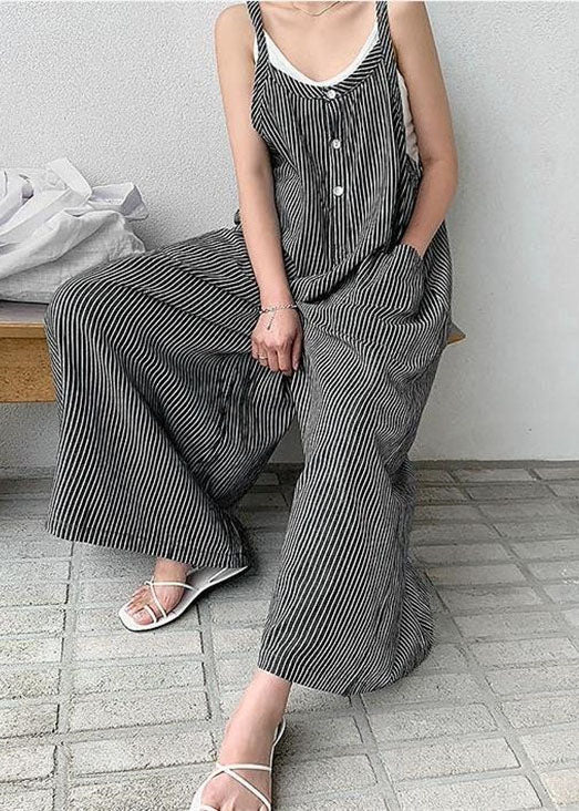 Loose Black Striped Cotton Spaghetti Strap Jumpsuit Summer