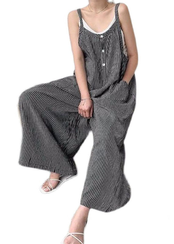 Loose Black Striped Cotton Spaghetti Strap Jumpsuit Summer