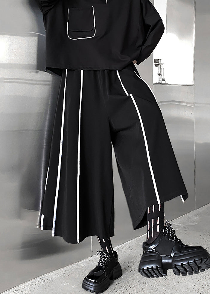 Loose Black Striped Elastic Waist Patchwork Cotton Wide Leg Pants Fall