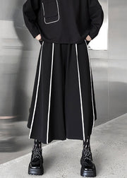 Loose Black Striped Elastic Waist Patchwork Cotton Wide Leg Pants Fall