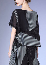 Loose Black Striped Patchwork Silk Tops Short Sleeve