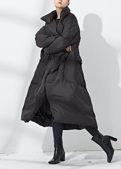 Loose Black Tie Waist Pockets Duck Down Long Down Coat Winter