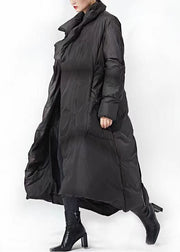 Loose Black Tie Waist Pockets Duck Down Long Down Coat Winter