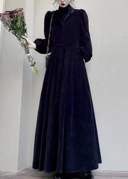 Loose Black Turtleneck Pockets Patchwork Corduroy Maxi Dress Fall