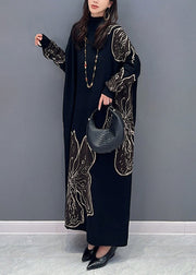 Loose Black Turtleneck Print Patchwork Cotton Knit Long Dresses Fall