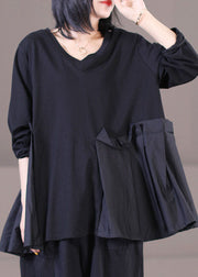 Loose Black V Neck Asymmetrical Design Patchwork Wrinkled Cotton Top Long Sleeve