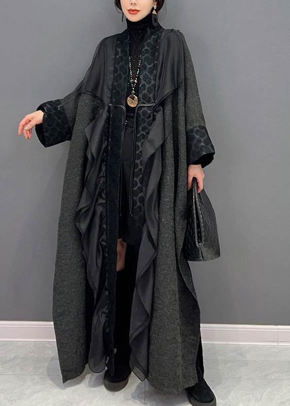 Loose Black V Neck Asymmetrical Patchwork Tie Waist Long Coat Winter