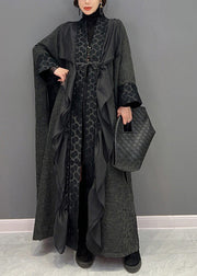 Loose Black V Neck Asymmetrical Patchwork Tie Waist Long Coat Winter