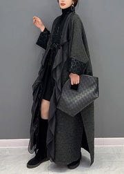 Loose Black V Neck Asymmetrical Patchwork Tie Waist Long Coat Winter