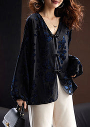 Loose Black V Neck Embroidered Button Velour Top Long Sleeve