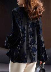 Loose Black V Neck Embroidered Button Velour Top Long Sleeve