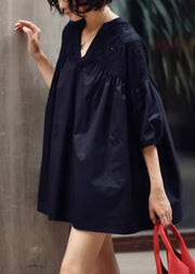 Loose Black V Neck Hollow Out Patchwork Cotton T Shirt Half Sleeve