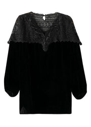 Loose Black V Neck Lace Patchwork Silk Velour Tops Spring