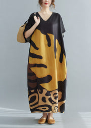 Loose Black-print2 V Neck Oversized Leaf Print Chiffon Long Dress Short Sleeve