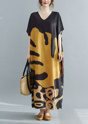 Loose Black-print2 V Neck Oversized Leaf Print Chiffon Long Dress Short Sleeve