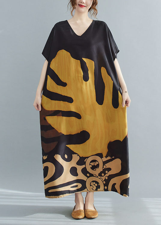 Loose Black-print2 V Neck Oversized Leaf Print Chiffon Long Dress Short Sleeve