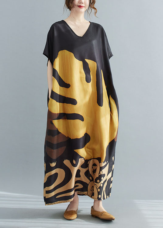 Loose Black-print2 V Neck Oversized Leaf Print Chiffon Long Dress Short Sleeve