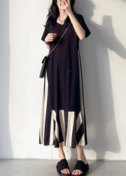 Loose Black V Neck Patchwork Cotton Long Dress Summer