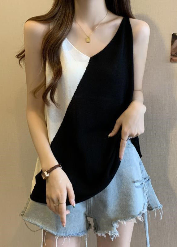 Loose Black V Neck Patchwork Ice Silk Knit Vest Sleeveless