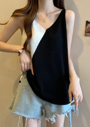 Loose Black V Neck Patchwork Ice Silk Knit Vest Sleeveless