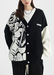 Loose Black V Neck Print Button Knit Neutral Coats Long Sleeve