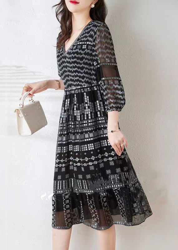 Loose Black V Neck Print Chiffon Long Dress Summer