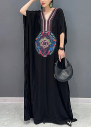 Loose Black V Neck Print Cotton Long Dresses Batwing Sleeve