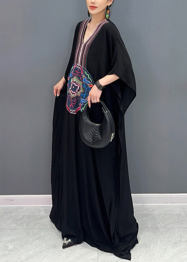 Loose Black V Neck Print Cotton Long Dresses Batwing Sleeve