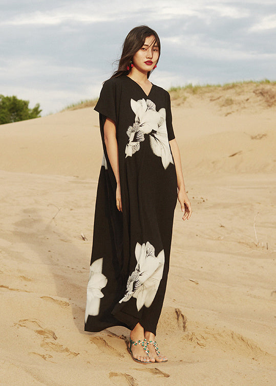 Loose Black V Neck Print Cotton Vacation Long Dresses Summer