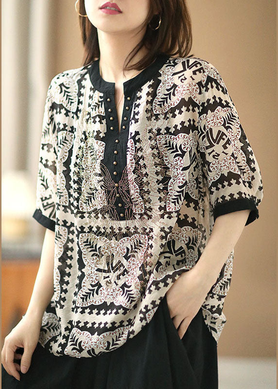 Loose Black V Neck Print Patchwork Silk Shirts Short Sleeve