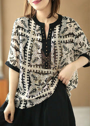 Loose Black V Neck Print Patchwork Silk Shirts Short Sleeve