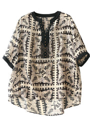 Loose Black V Neck Print Patchwork Silk Shirts Short Sleeve