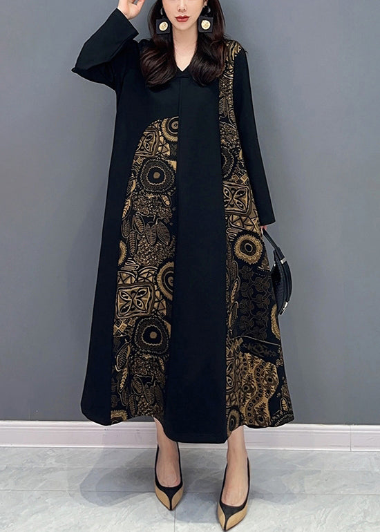 Loose Black V Neck Print Pockets Patchwork Cotton Dress Fall