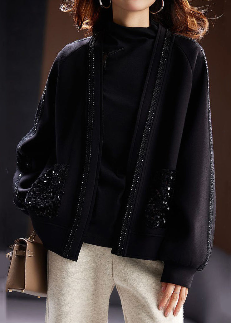 Loose Black V Neck Sequins Pockets Cotton Cardigan Spring