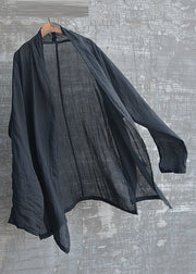 Loose Black V Neck Side Open Linen Shirt Long Sleeve