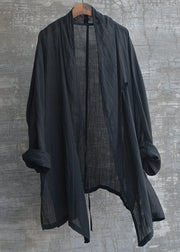 Loose Black V Neck Side Open Linen Shirt Long Sleeve