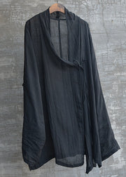 Loose Black V Neck Side Open Linen Shirt Long Sleeve