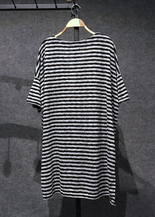 Loose Black V Neck Striped Side Open Cotton T Shirts Tops Summer