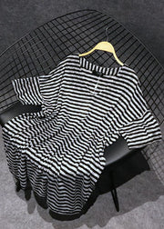 Loose Black V Neck Striped Side Open Cotton T Shirts Tops Summer