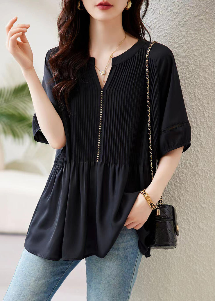 Loose Black V Neck Wrinkled Chiffon Tops Half Sleeve