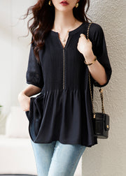 Loose Black V Neck Wrinkled Chiffon Tops Half Sleeve