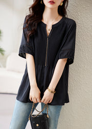 Loose Black V Neck Wrinkled Chiffon Tops Half Sleeve